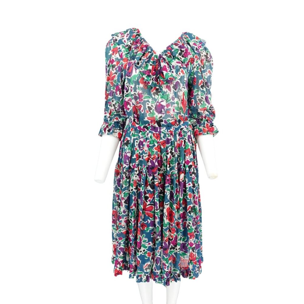 Vintage 1980s Yves Saint Laurent Floral Cotton Tiered Midi Skirt Set